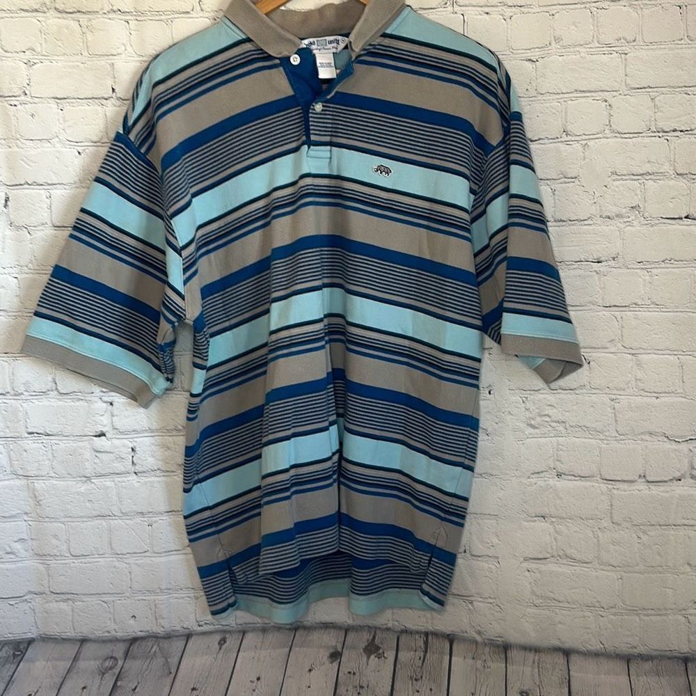 Ecko Unltd.‎ Shirt Mens M Polo Blue White Striped Short Sleeve Logo RN# 93536